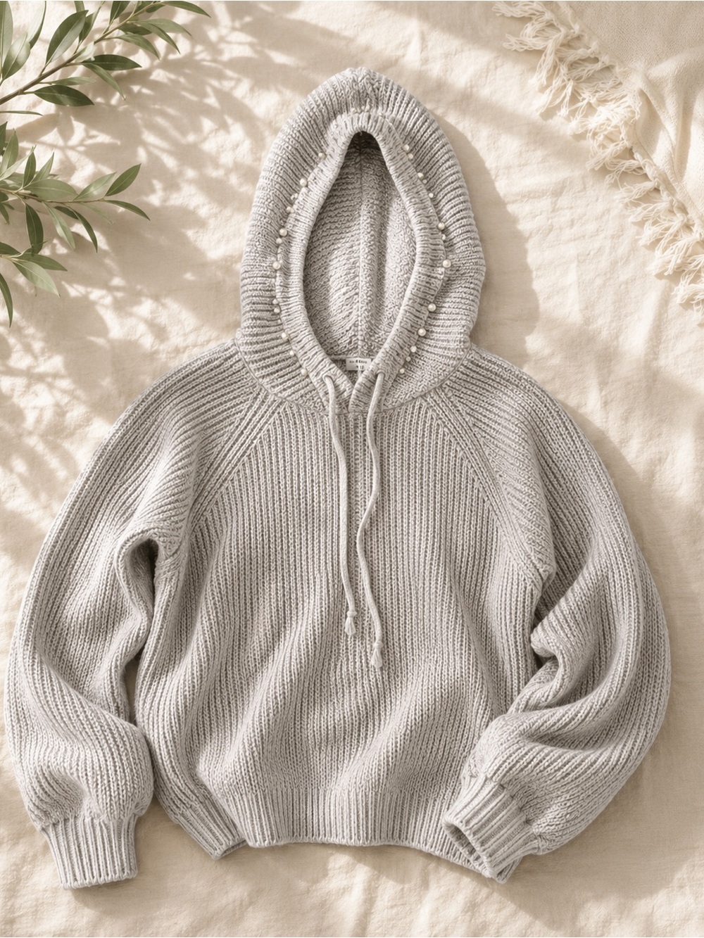 Relaxed Crewneck Hoodie Sweater w/Beaded Hood in Light Gray